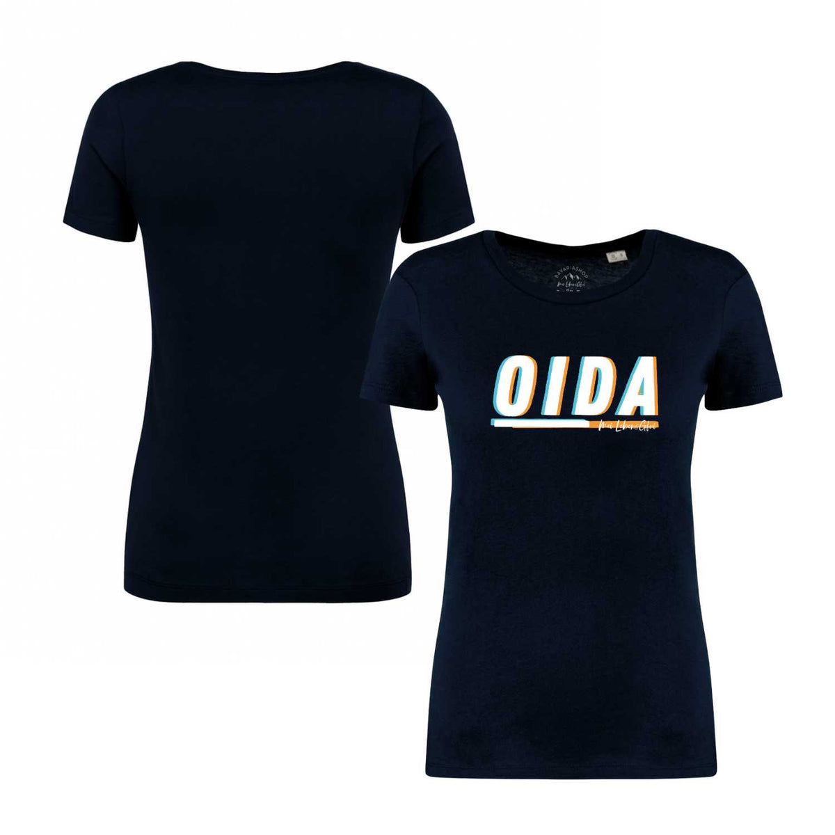 Damen T-Shirt Oida in dunklem Marineblau mit modernem OIDA-Schriftzug in 3D-Optik auf der Vorderseite; Rückseite sichtbar.