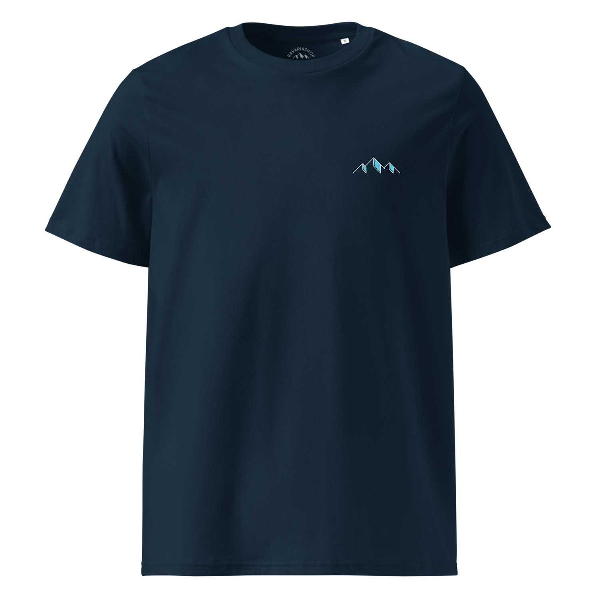 Herren T-Shirt "Himmi Herrgott" in Dunkelblau mit subtilem hellblauem Bergmotiv auf der Brust.