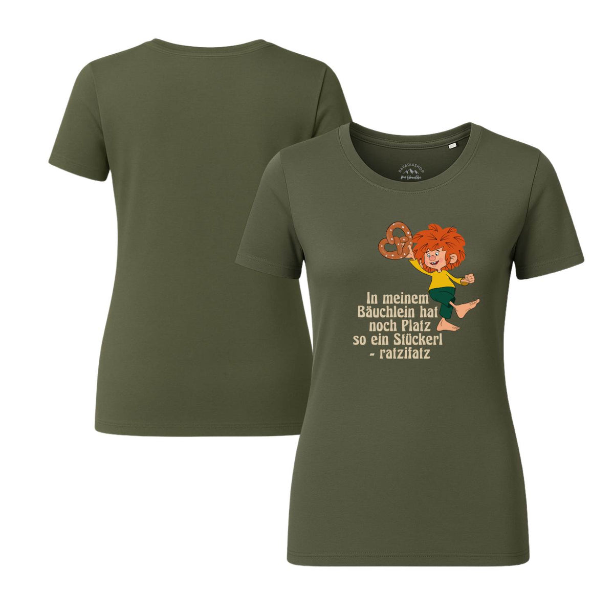 Pumuckl Damen T-Shirt in Olivgrün – Detail des Brezn-Motivs mit Spruch