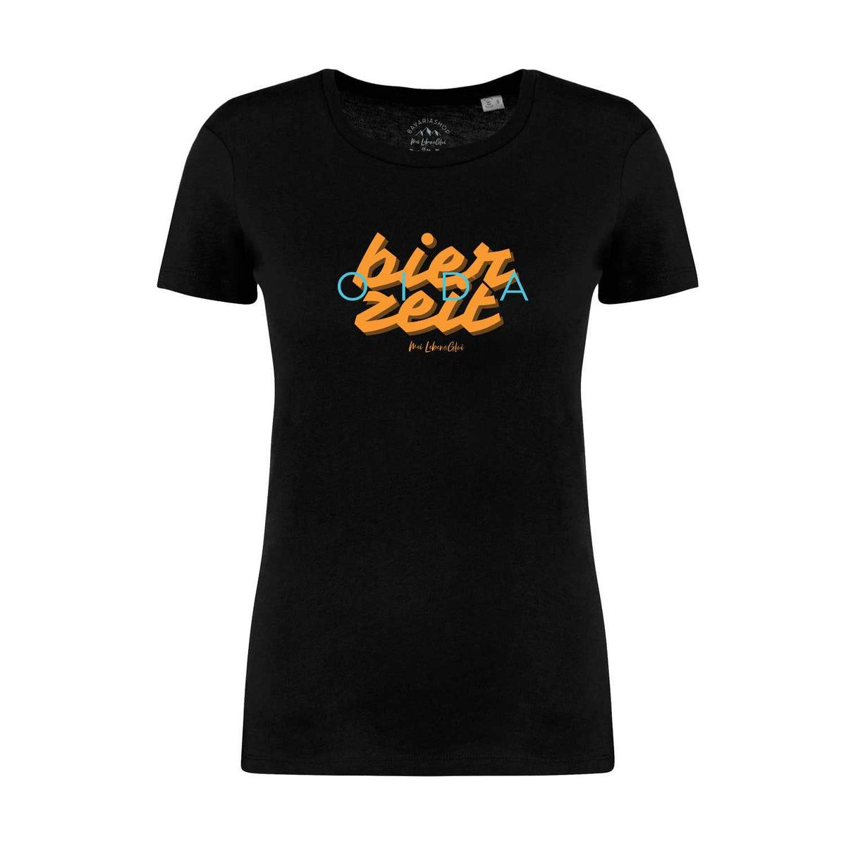 Schwarzes Damen T-Shirt "Bierzeit" mit orange-blauem Druck und kurzem Ärmel, körperbetonter Schnitt.