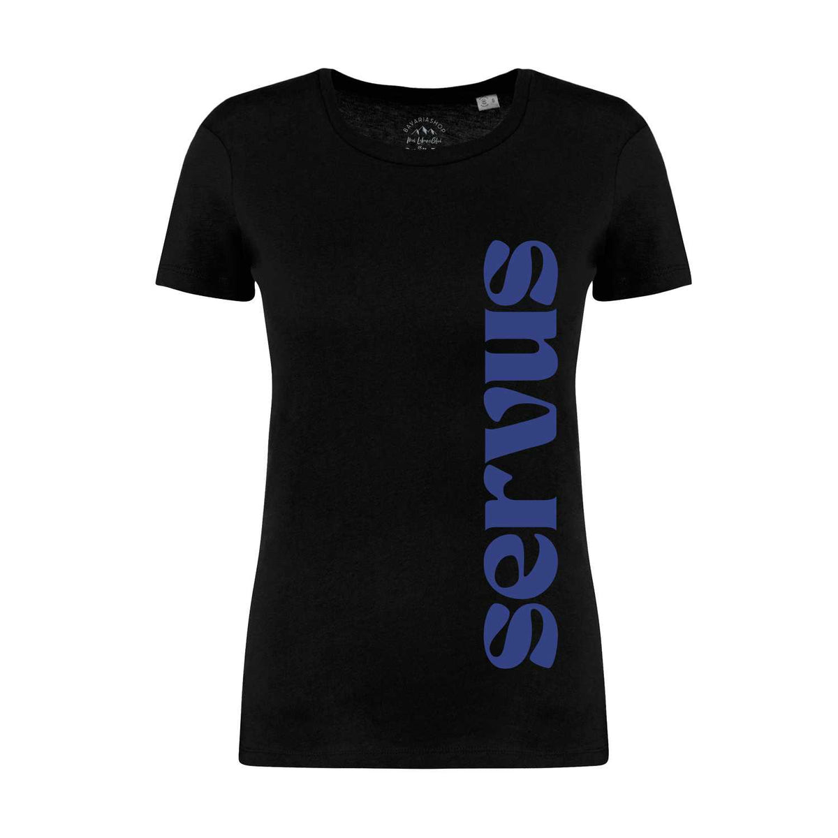 Schwarzes Damen T-Shirt Servus mit blauer, vertikaler Schrift auf der Vorderseite, tailliert geschnitten