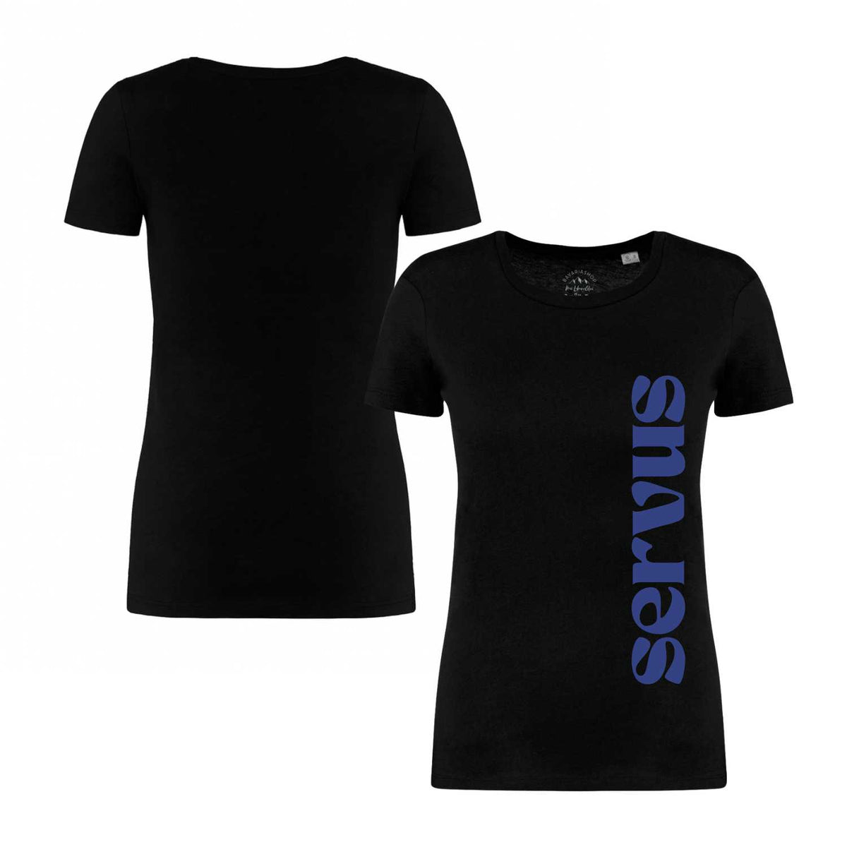 Damen T-Shirt Servus in Schwarz mit blauem vertikalem Schriftzug, Vorder- und Rückansicht.