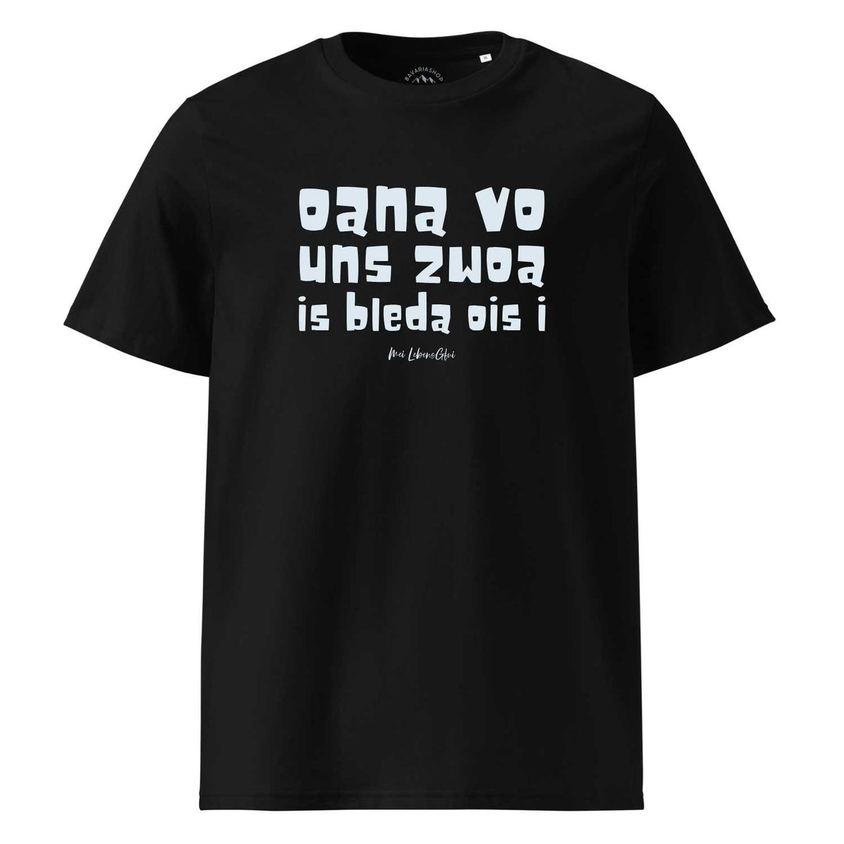 Schwarzes Herren T-Shirt Oana vo uns zwoa mit weißem Spruch in bayrischem Dialekt auf dunklem Stoff.