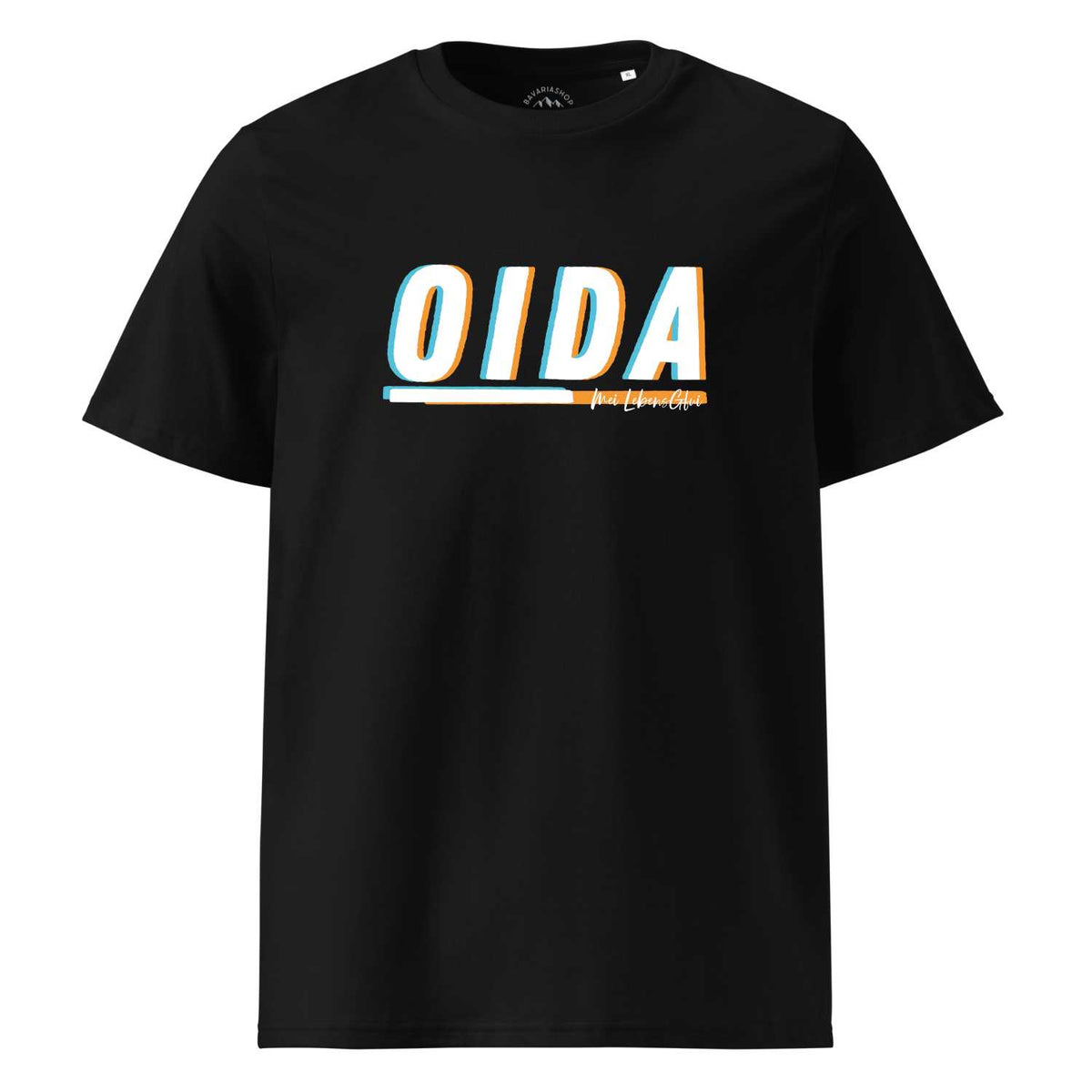 Schwarzes Herren T-Shirt "Oida" mit weißem Schriftzug und blau-orangenem 3D-Effekt auf der Brust.
