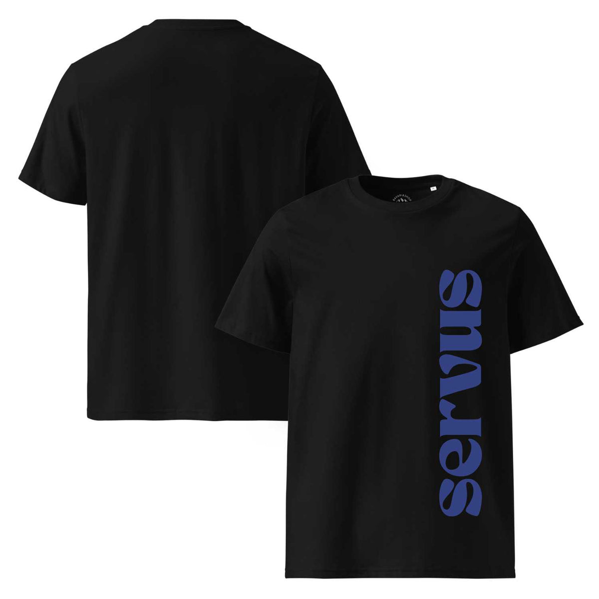 Schwarzes Herren T-Shirt "Servus" mit auffälligem, blauem "Servus"-Schriftzug auf der Vorderseite.