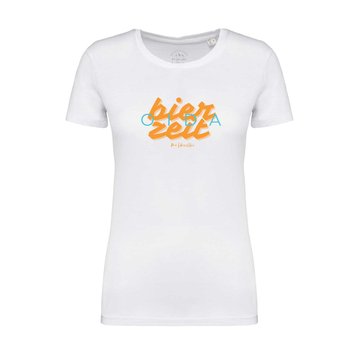 Weißes Damen T-Shirt Bierzeit mit orange-blauem Schriftzug auf der Vorderseite, klassischer Rundhalsausschnitt.