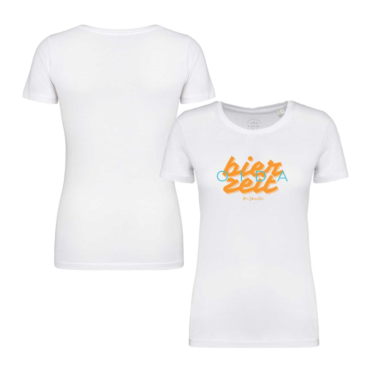 Weißes Damen T-Shirt Bierzeit mit orange-blauem Schriftzug vorne, Vorder- und Rückansicht des Shirts.