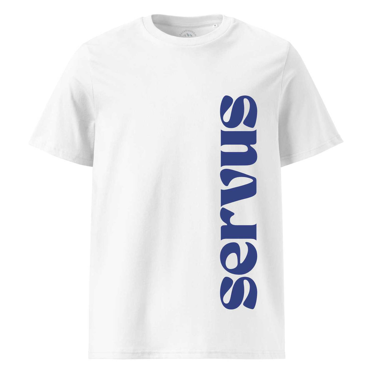 Herren T-Shirt Servus in Weiß mit senkrechtem blauem "servus"-Aufdruck und Rundhalsausschnitt aus Baumwolle.