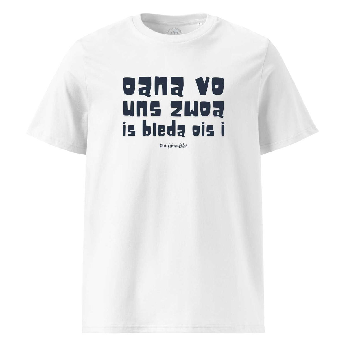 Weißes Herren T-Shirt Oana vo uns zwoa mit blauem Schriftzug im bayerischen Design, weiche Baumwolle.