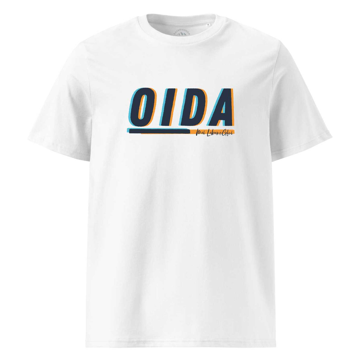 Weißes Herren T-Shirt Oida mit blau-orangefarbenem 3D-Schriftzug und bayerischem Spruch