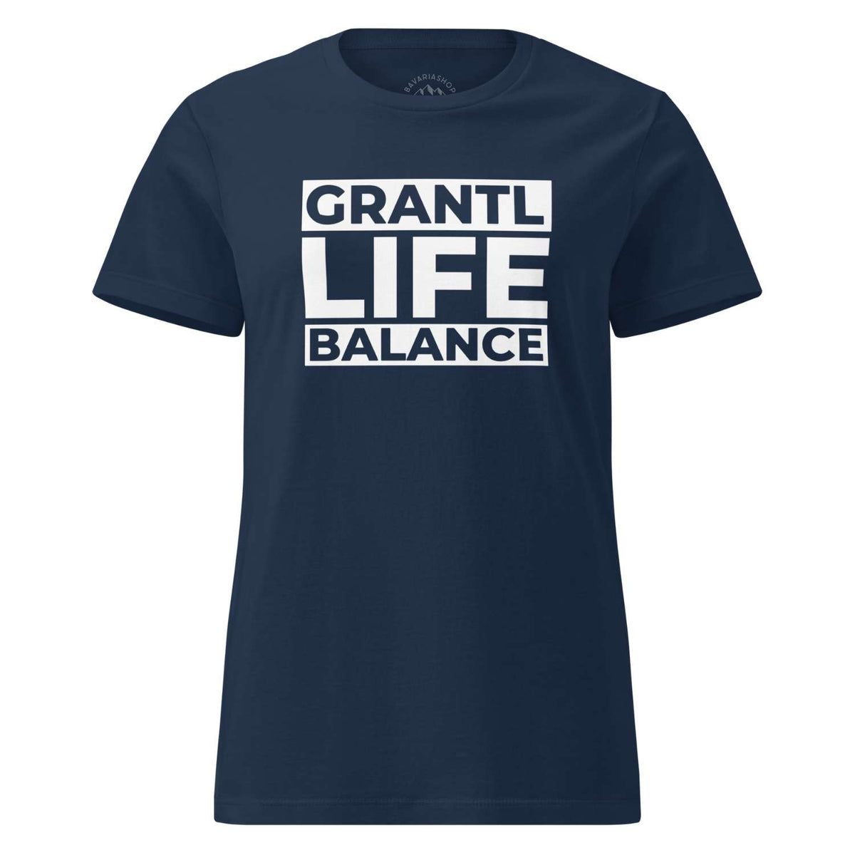 Dunkelblaues Damen T-Shirt Grantl Life Balance mit weißem Aufdruck und kurzem Ärmel, ideal für Frauen