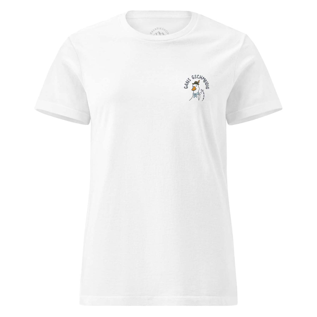 Damen T-Shirt Gans gschmeidig in Weiß mit kleinem, bayerischem Gänsemotiv und Schriftzug