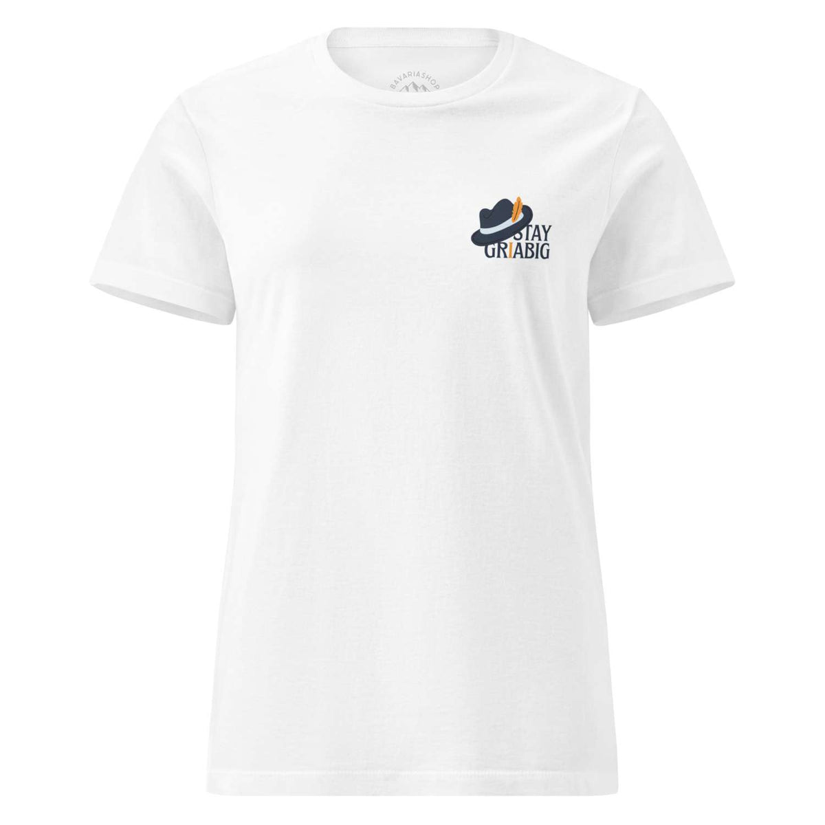 Weißes Damen T-Shirt "Stay Griabig" mit stilisiertem Trachtenhut und Schriftzug auf der Brust.