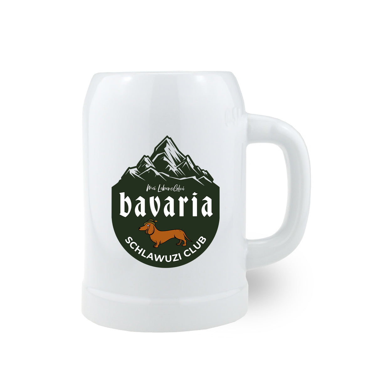 Weißer Bierkrug "Bavaria Schlawuzi Club" mit grünem Berg-Logo und Dackel im bayerischen Hut.