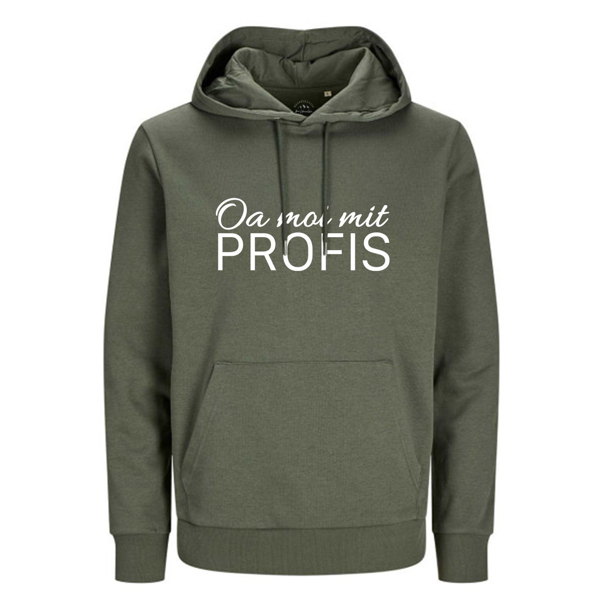 Grüner Hoodie Oa moi mit Profis! mit weißem Schriftzug, Kapuze und Bauchtasche.