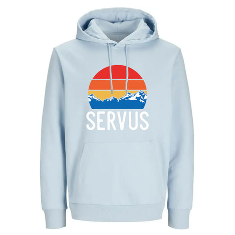 Blauer Hoodie Servus Berge mit bunten Bergmotiv und Schriftzug auf der Vorderseite, Kängurutasche.