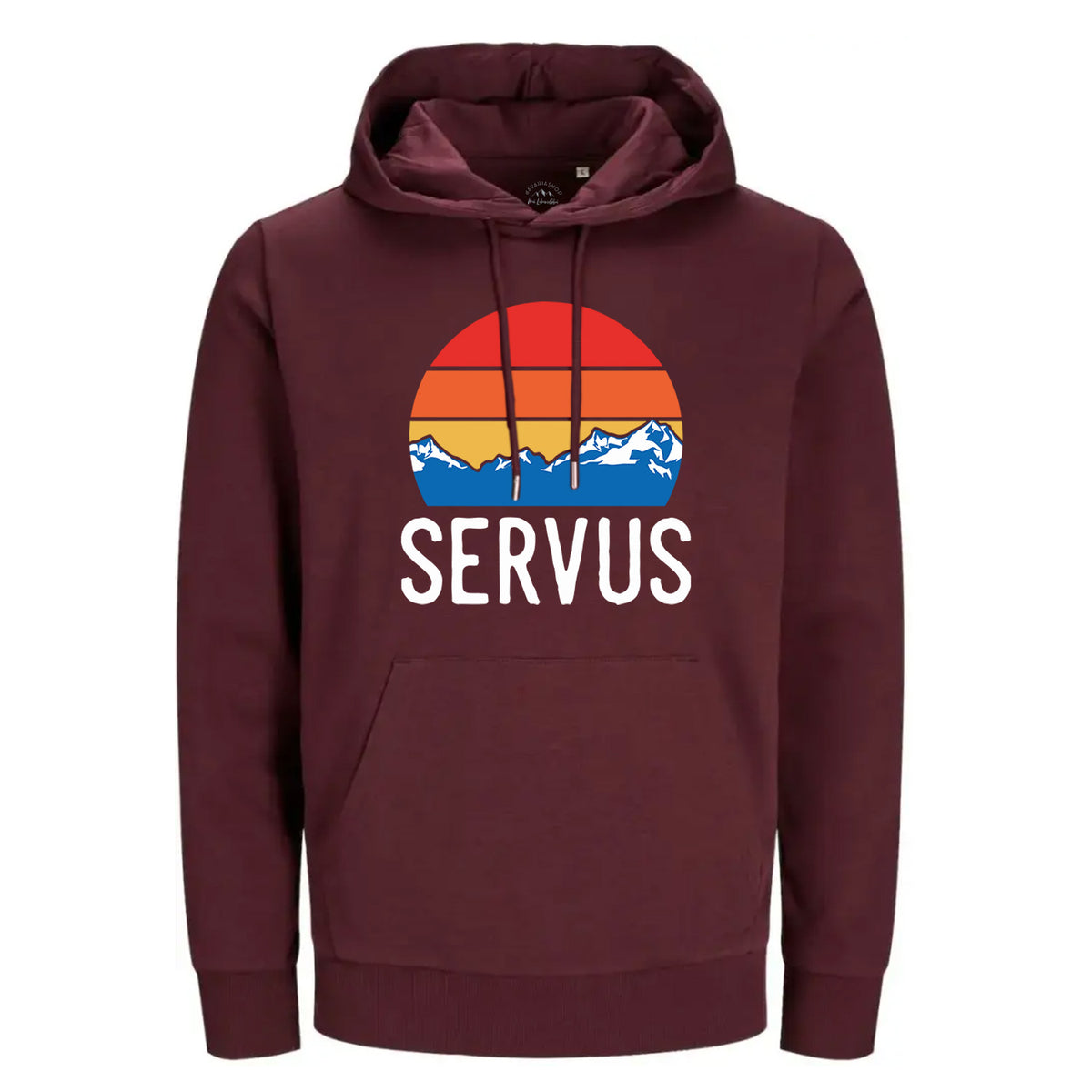 Maroonfarbener Hoodie "Servus Berge" mit buntem Berg- & Sonnenmotiv-Print und Kängurutasche.