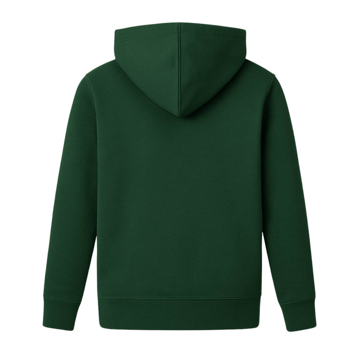 Rückseite des olivgrünen Pumuckl Kinder Hoodies mit Kapuze und Rippbündchen