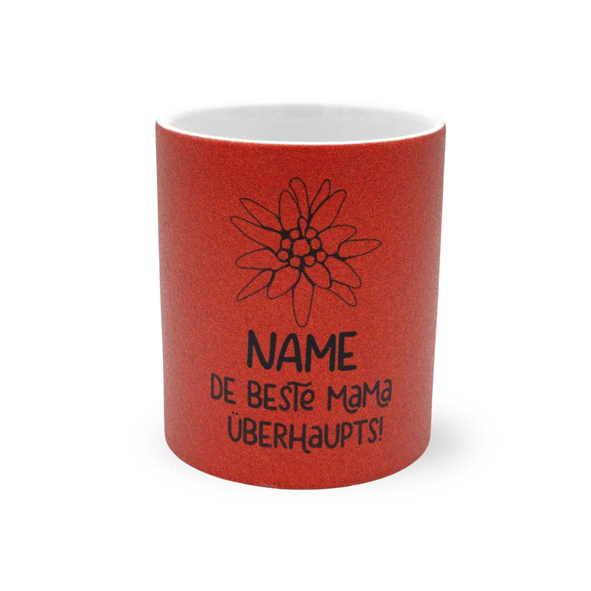 Rotes Kaffee Haferl "De beste Mama überhaupts" personalisiert, mit schwarzer Edelweiss Blume und Text.