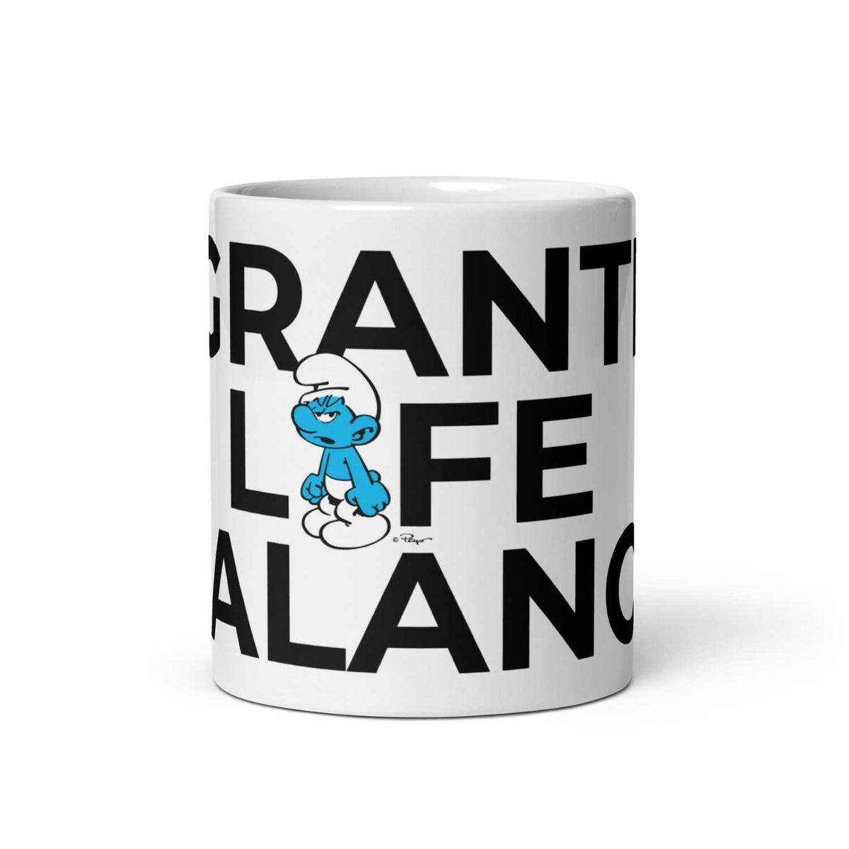 Weiße "®Die Schlümpfe Tasse Grantl life balance" mit Grantlschlumpf-Motiv und schwarzem Schriftzug auf weißem Hintergrund.