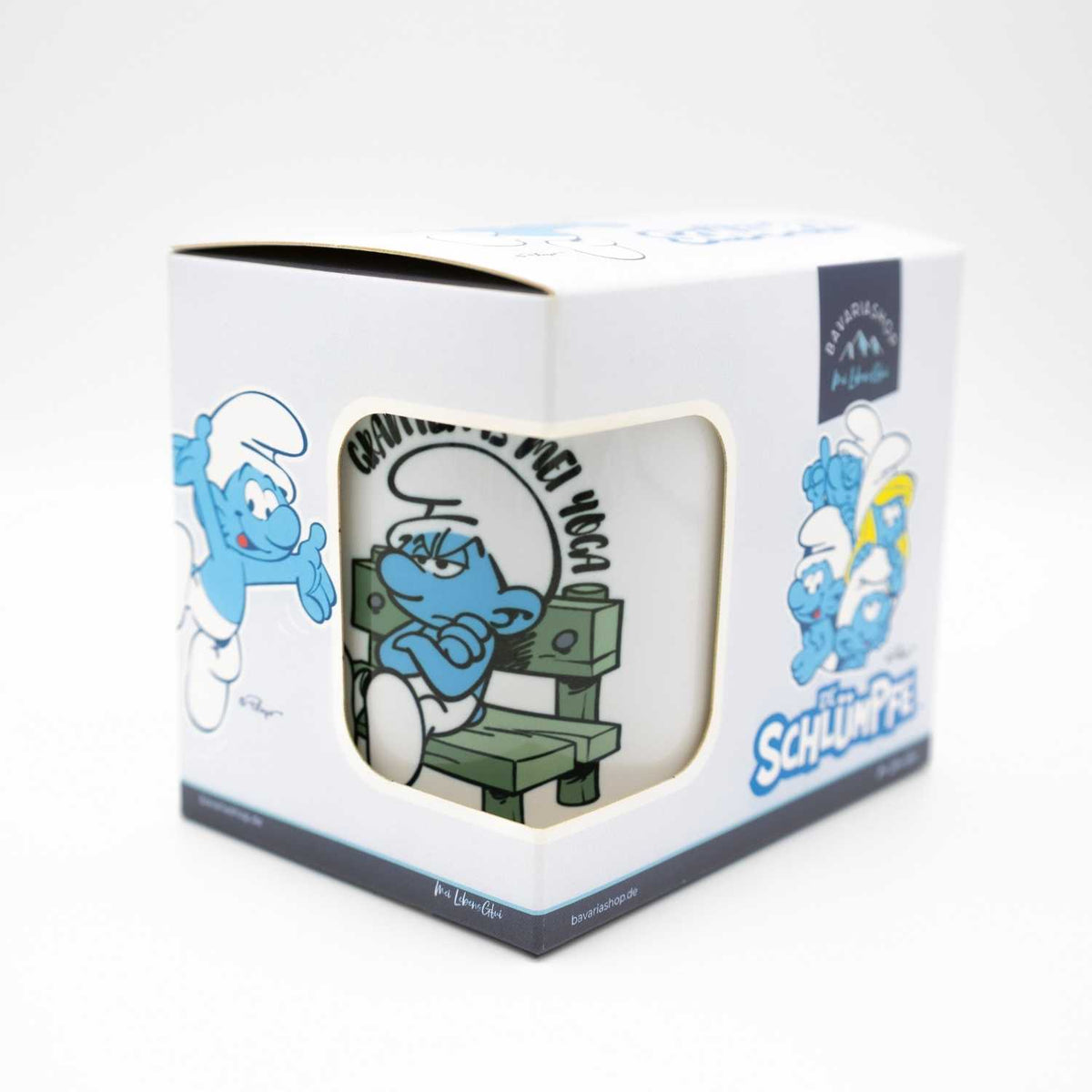 Schlümpfe Tasse Grantln is mei Yoga in Geschenkbox mit mürrischem Schlumpf-Design.