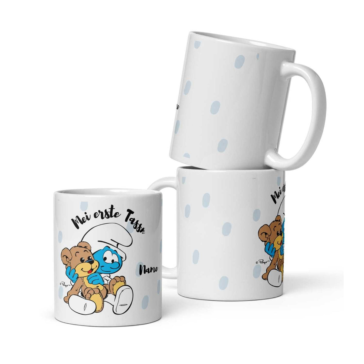 ®Die Schlümpfe Tasse "Mei erste Tassn" personalisiert, bedruckt mit Schlumpf und Teddybär.