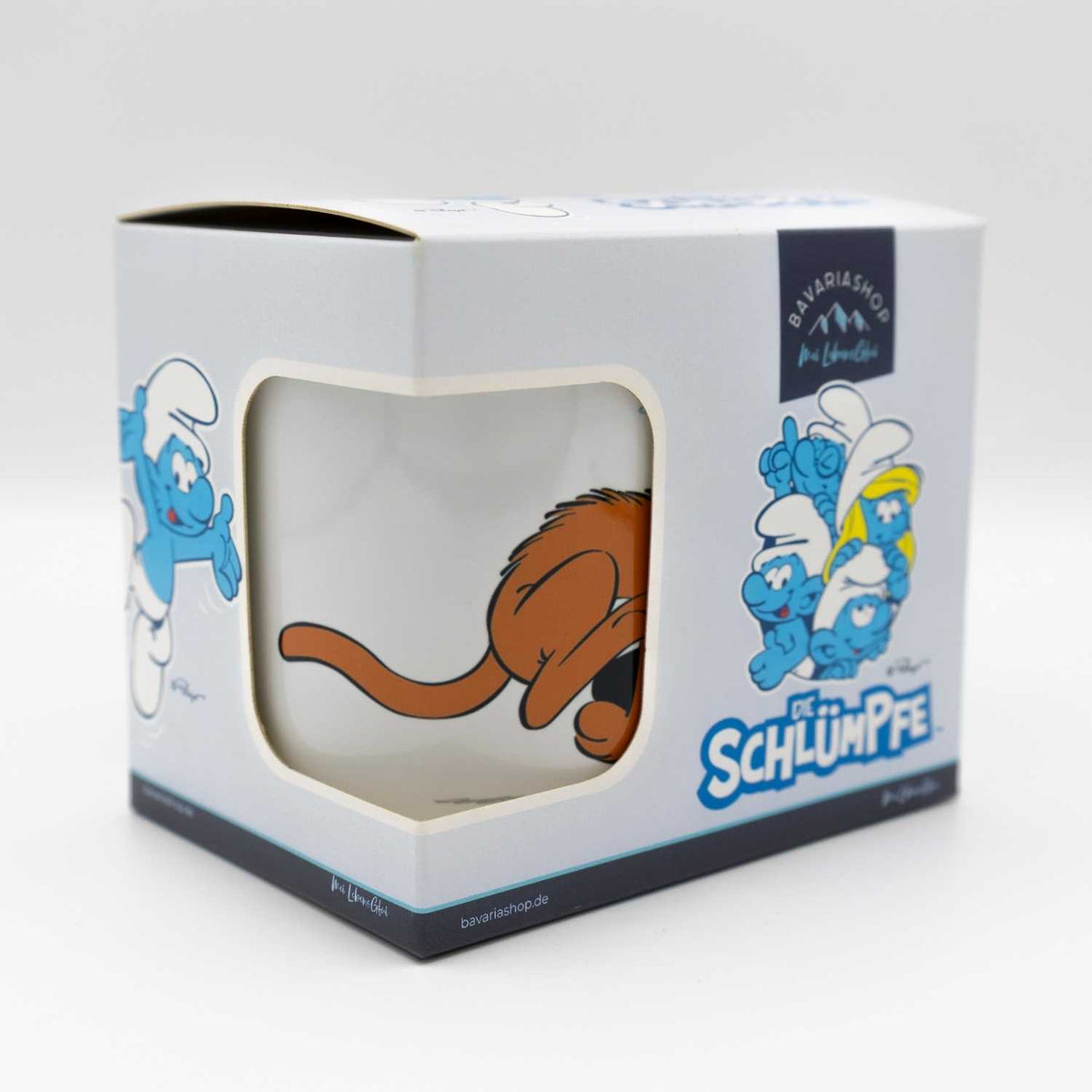 Die Schlümpfe Tasse Zupf di!, mit Affe und Schlumpf Motiv, in Geschenkverpackung, ideal für Fans.
