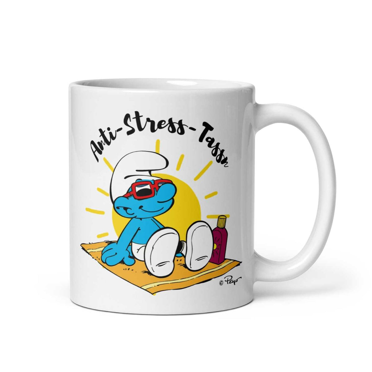 Weiße®Die Schlümpfe Tasse Anti Stress Herren mit Sonnenliegen-Schlumpf, Sonne und Schriftzug "Anti-Stress-Tasse".