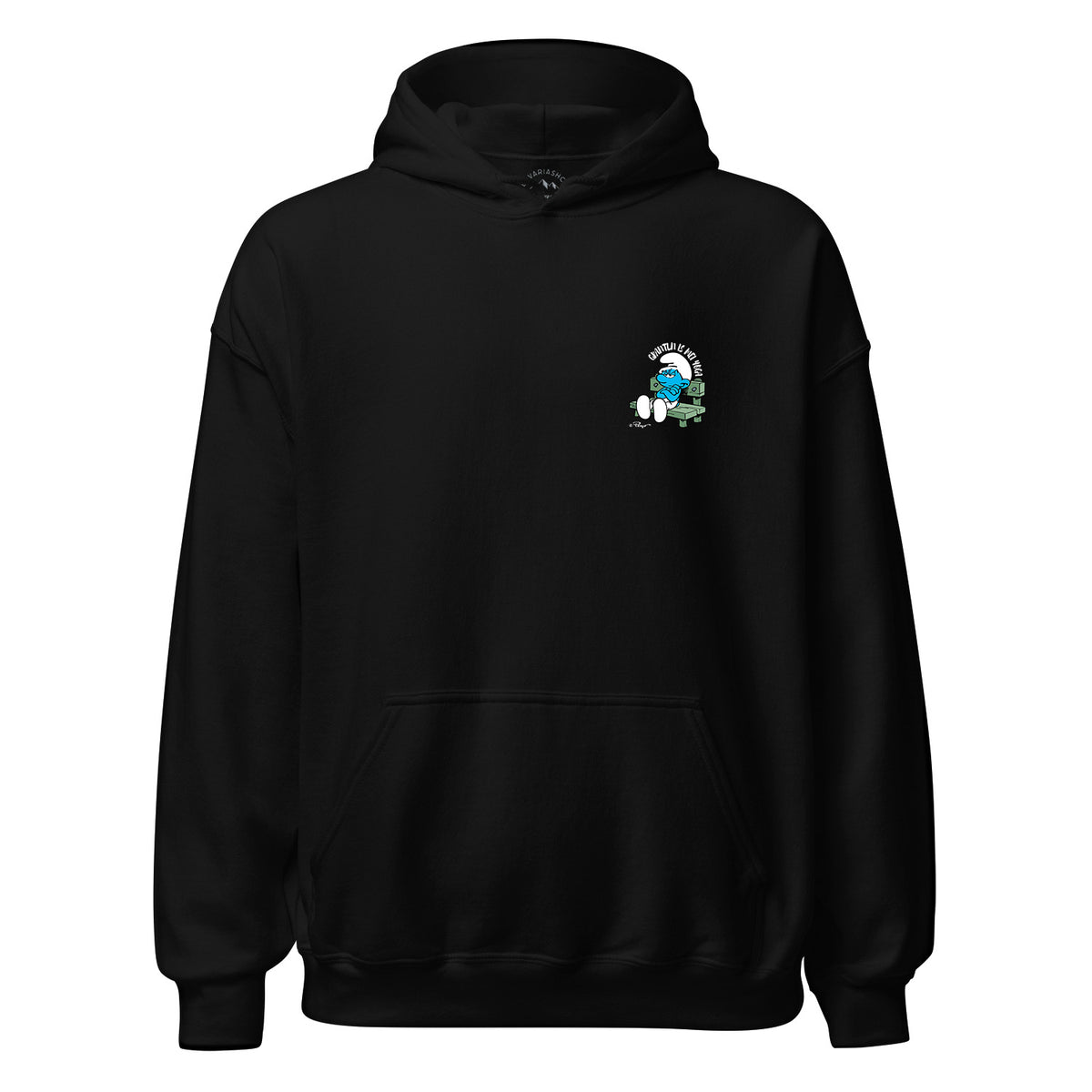 Schwarzer Damen Hoodie mit "Grantln is mei Yoga" Schlumpf-Logo, gemütliche Kapuze und Kängurutasche.