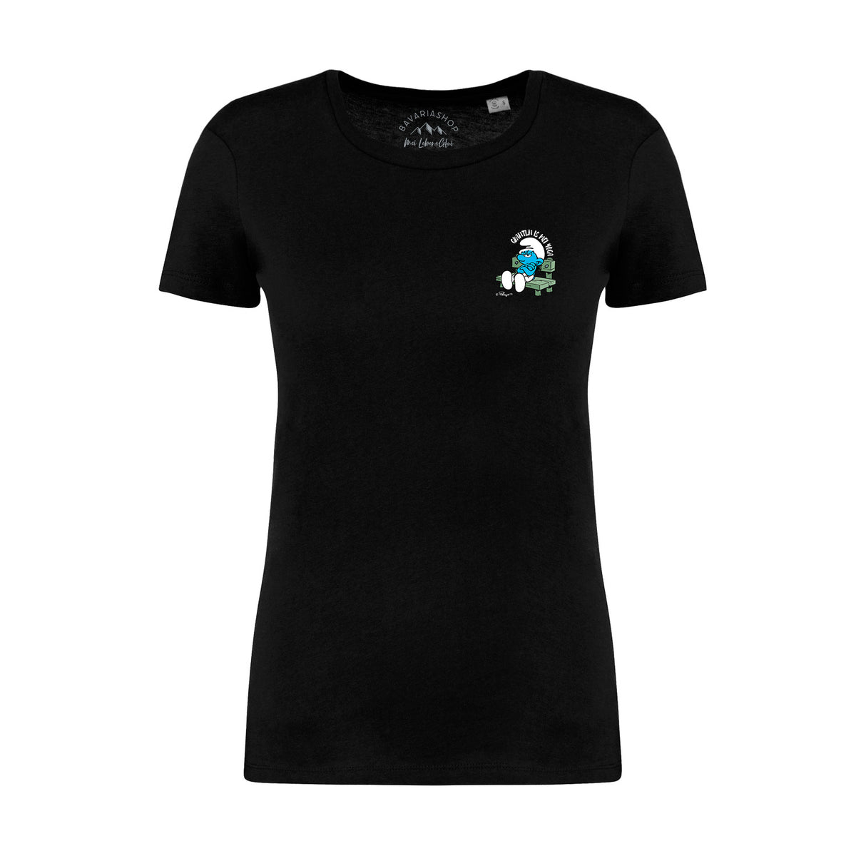 Schwarzes®Die Schlümpfe Damen T-Shirt "Grantln is mei Yoga" mit grünem Schlumpf auf einer Bank.