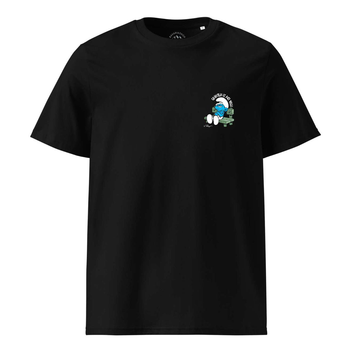 Schwarzes Schlumpf Herren T-Shirt "Grantln is mei Yoga" mit Brummbär-Schlumpf auf einer Bank.