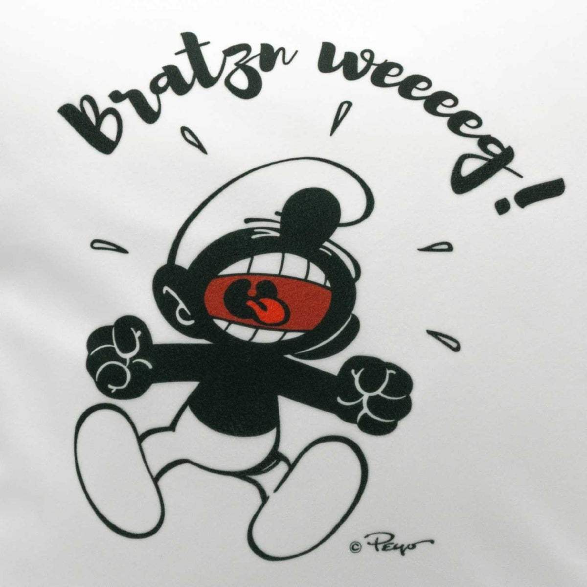Die Schlümpfe Bratzn weeeeg! Kuschelkissen mit grinsendem Comic-Schlumpf auf weißem Hintergrund.