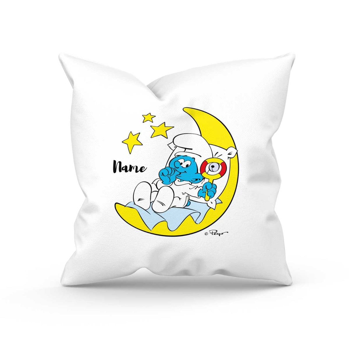 Weißes ®Die Schlümpfe "Erstes Schlumpf Kissen" Kuschelkissen mit Schlumpf im Mond und Personalisiertem Namen