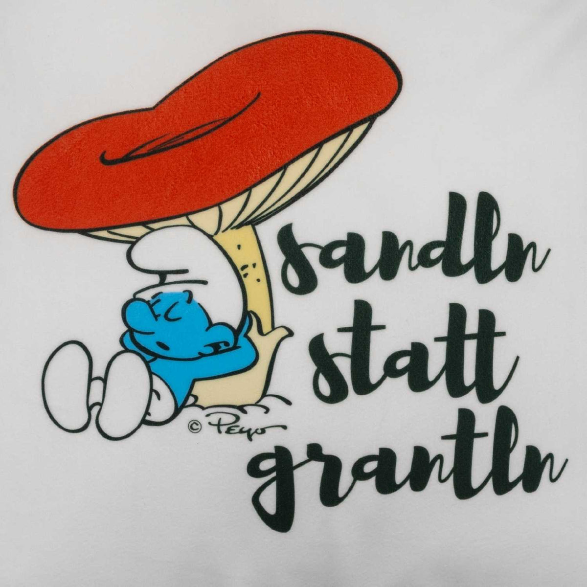 Die Schlümpfe Sandln statt grantln Kuschelkissen Motiv: schlafender Schlumpf unter rotem Pilz, grüner Schriftzug.
