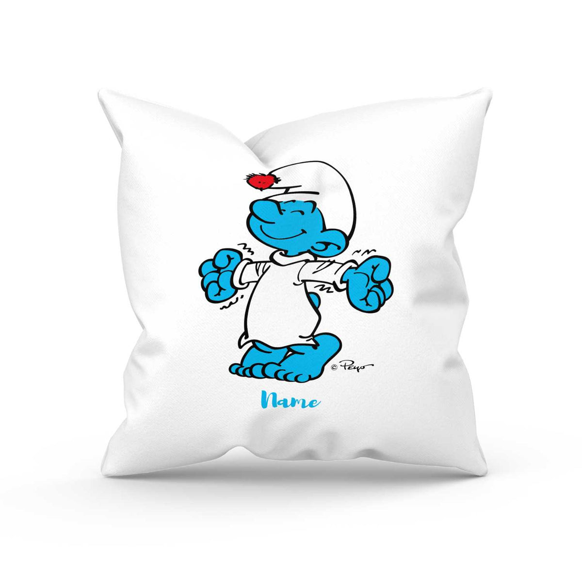 ®Die Schlümpfe Schlaf guad Kuschelkissen personalisiert, weiß mit lustigem Schlumpf im Nachthemd und Mütze.