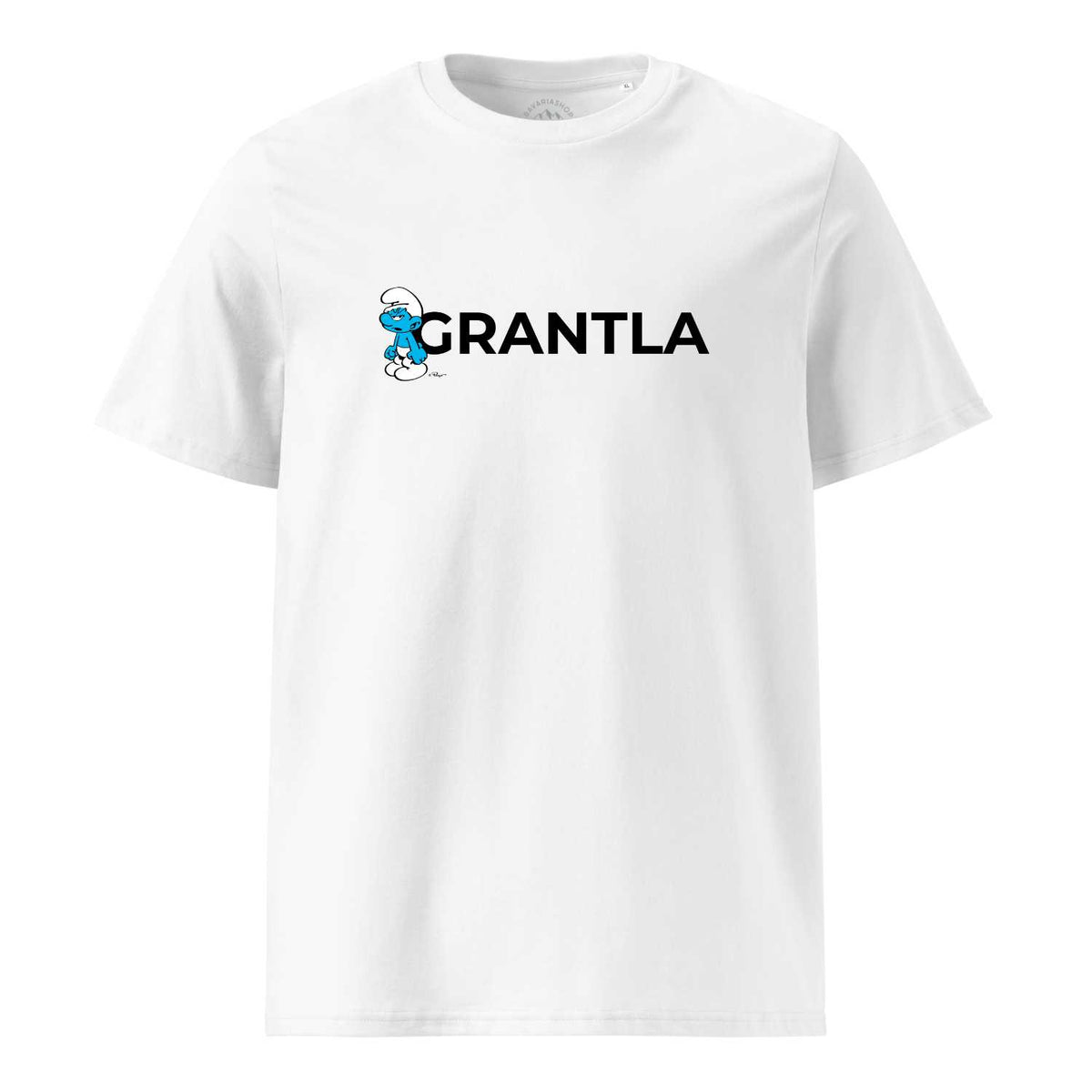 Weißes ®Die Schlümpfe Herren T-Shirt "Grantla" mit dem Mürrischen Schlumpf und Schriftzug auf der Brust.