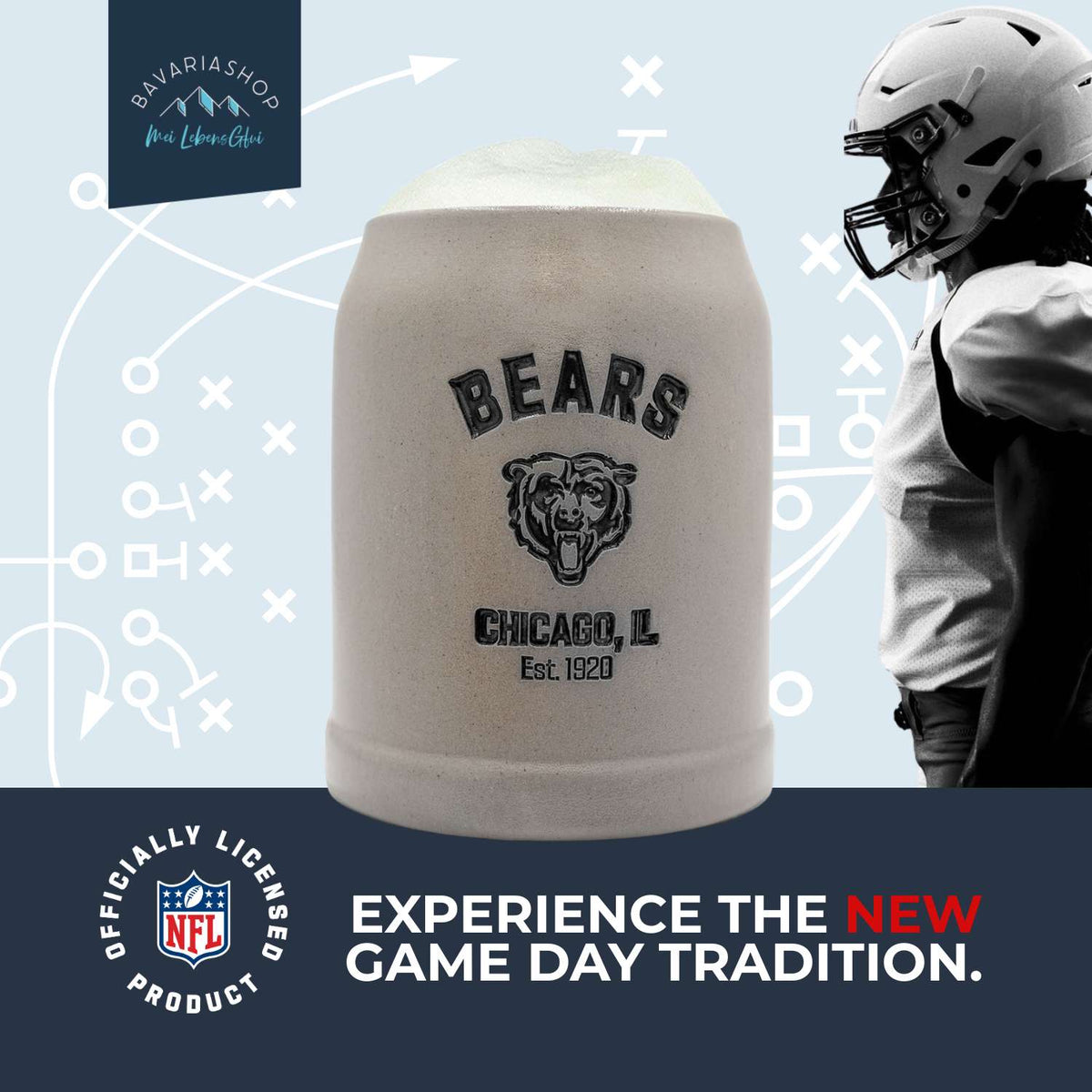 NFL PREMIUM Teamkrug "Chicago Bears" aus Steinzeug mit Logo und Schriftzug, vor Football-Spieler im Helm.