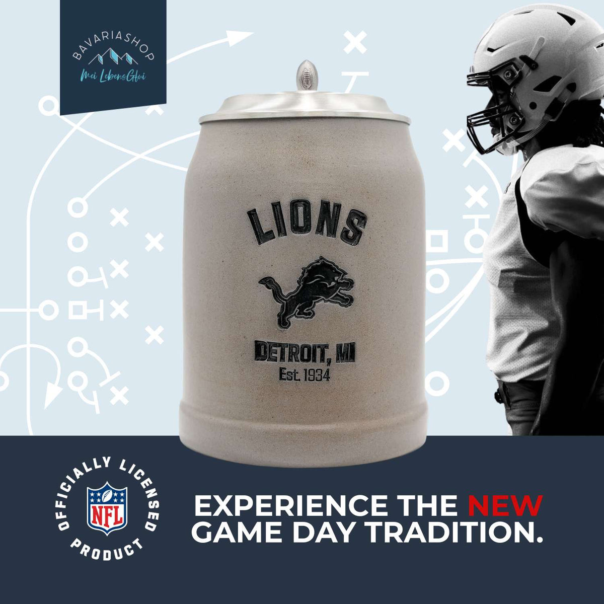 ®NFL PREMIUM Teamkrug Detroit Lions aus Steinzeug mit Zinndeckel und NFL-Spieler im Hintergrund.