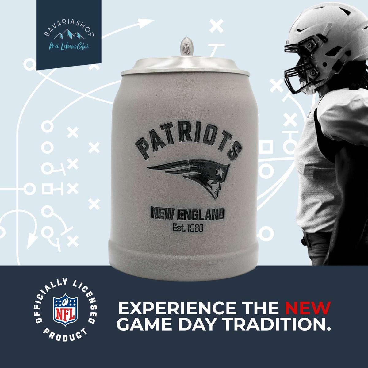 NFL PREMIUM Teamkrug New England Patriots aus Steinzeug mit Zinndeckel und Football Spieler.