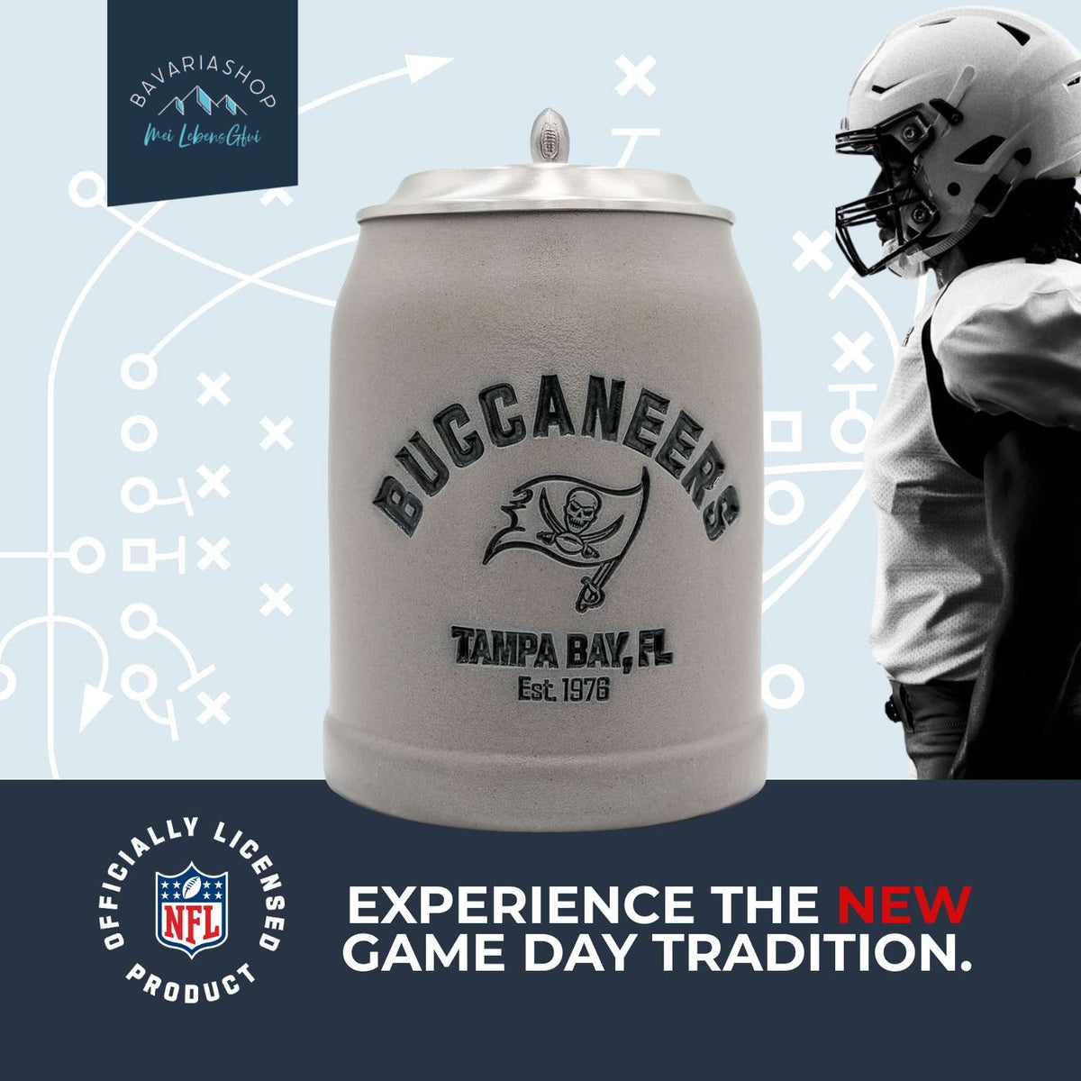 NFL PREMIUM Teamkrug Tampa Bay Buccaneers aus Steinzeug mit Zinndeckel und Logo im Vordergrund.