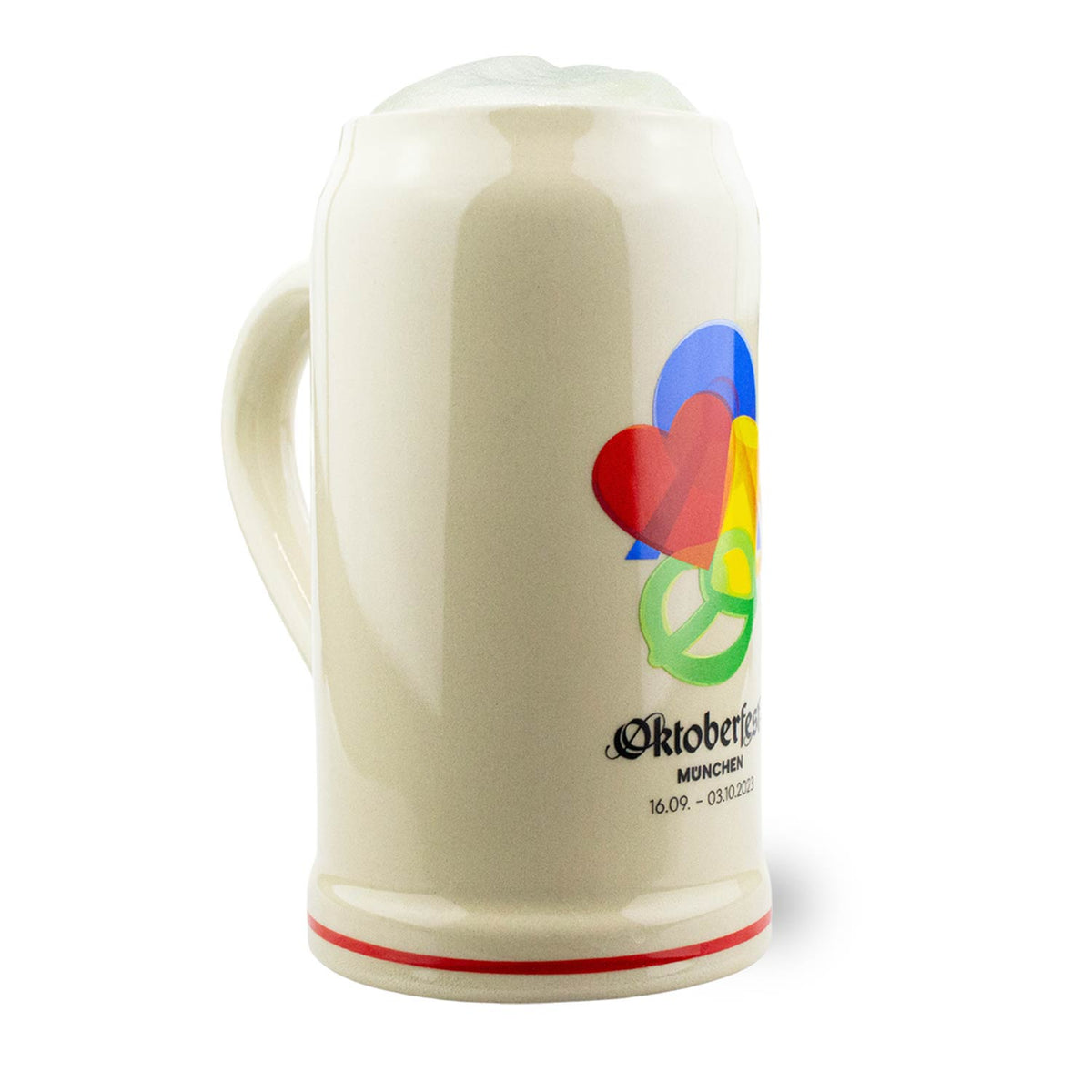 Offizieller Oktoberfestkrug 2023 aus Keramik mit buntem Herz- und Brezel-Design, Schriftzug und Datumsangabe.