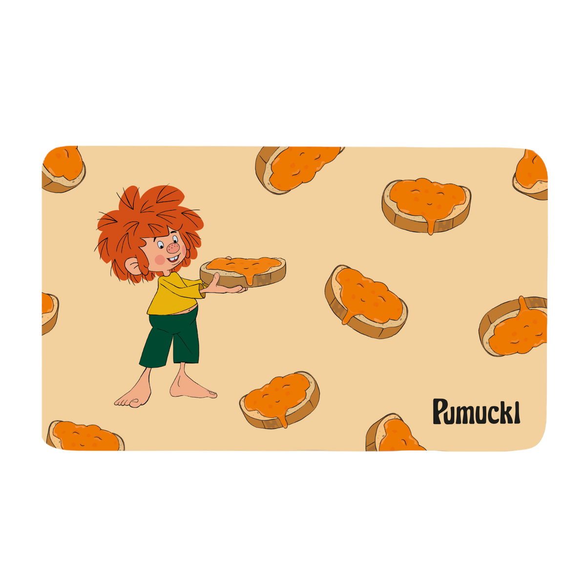 Pumuckl Motiv auf hellem Hintergrund mit Marmeladenbroten, ideal für Frühstücks-Set und Konfitüre-Produkte.