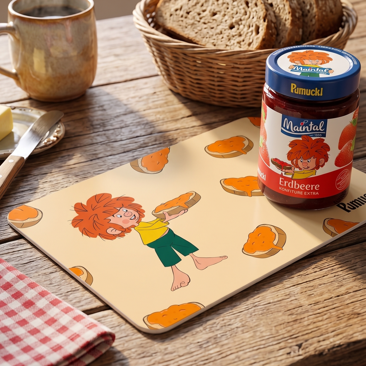 Pumuckl Frühstücksbrettchen mit Erdbeer Konfitüre im Glas auf rustikalem Holztisch für Kinderfrühstück