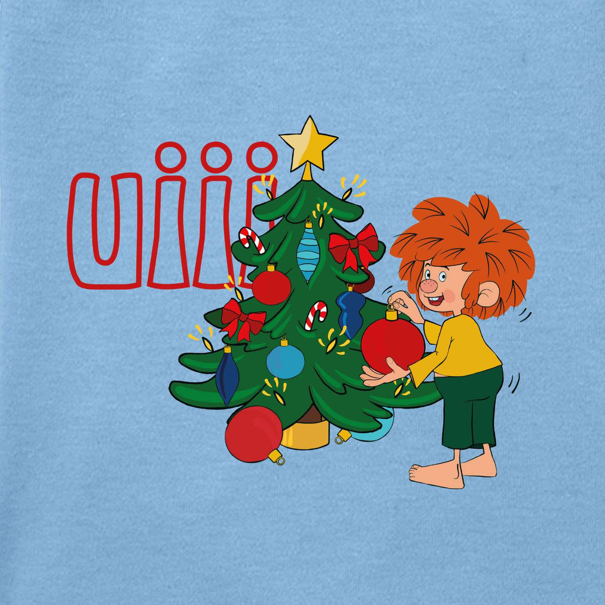Pumuckl Baby-Body "uiii Weihnachten" mit Pumuckl beim Schmücken eines Weihnachtsbaumes