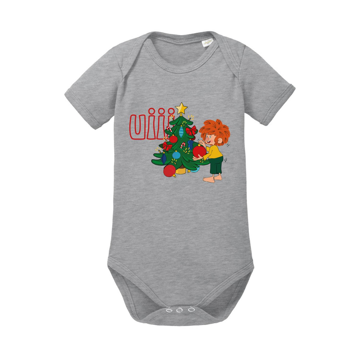 Grauer Pumuckl Baby-Body mit uiii Weihnachten Aufdruck. Pumuckl schmückt einen Weihnachtsbaum mit Kugeln.
