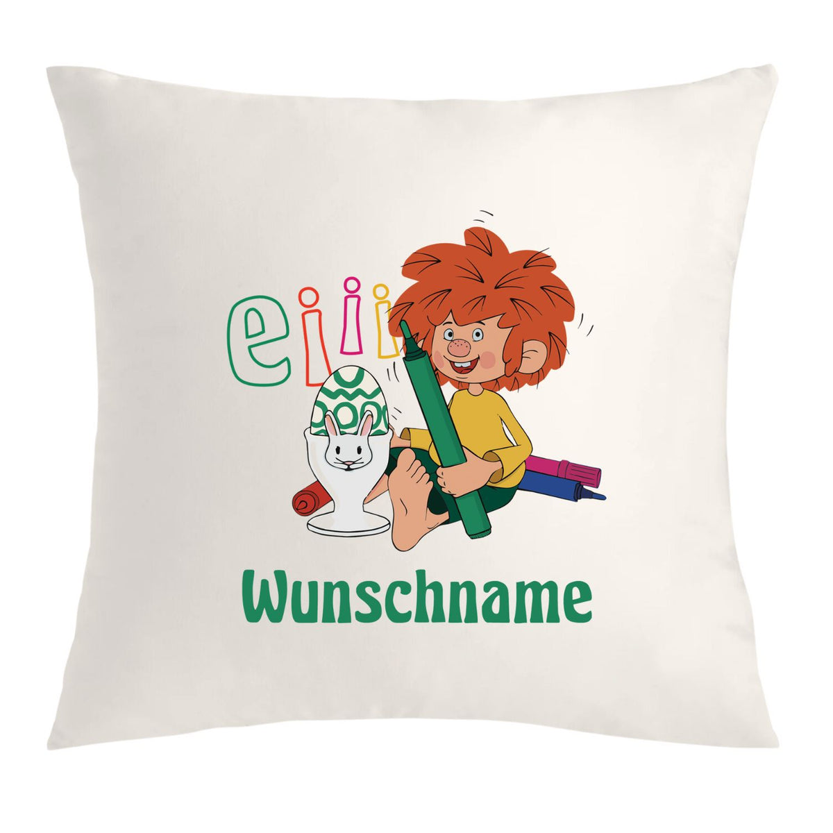 Pumuckl Kuschelkissen Eiii Ostern personalisierbar, mit Pumuckl beim Bemalen eines Ostereis und Wunschname