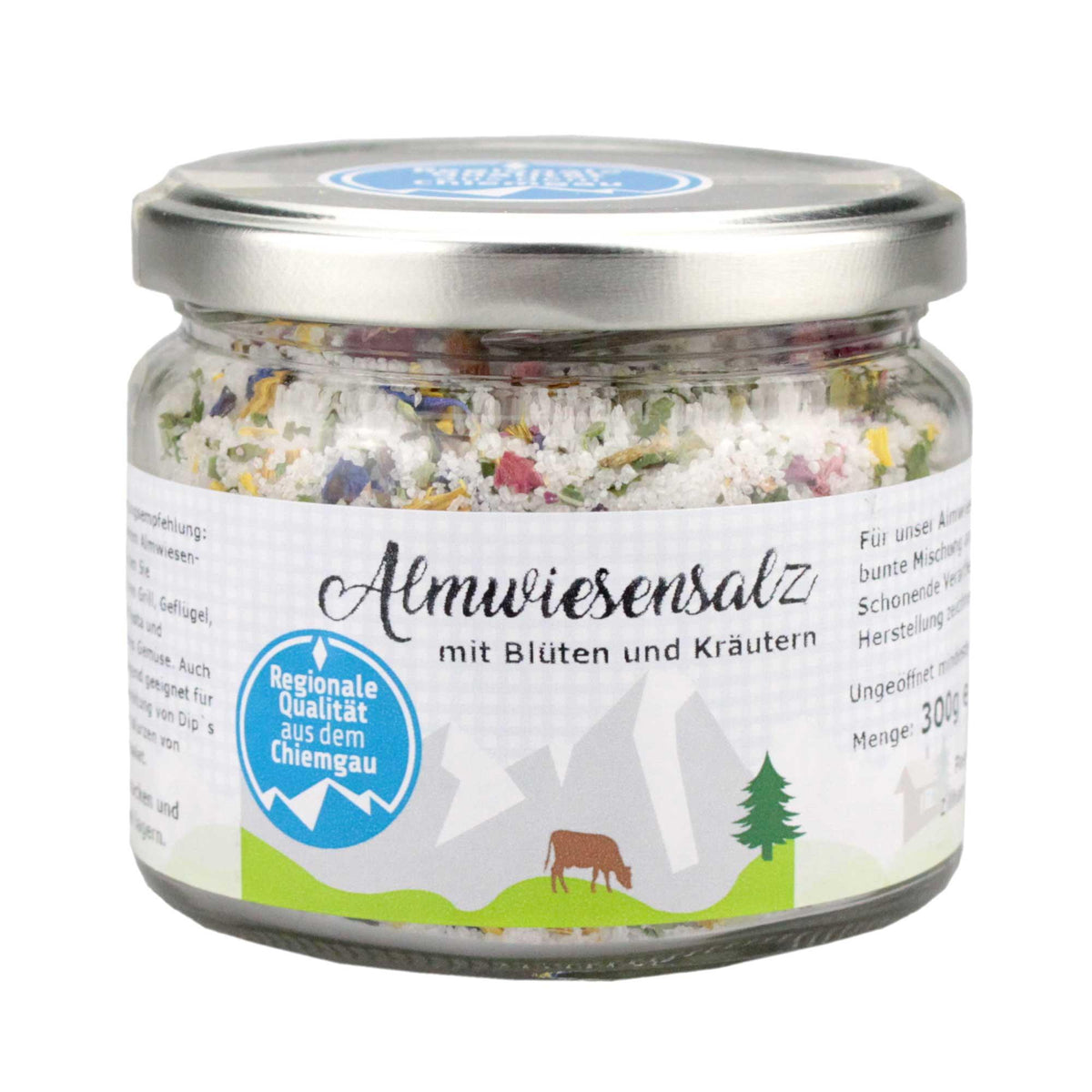 Geschenkbox Lass da schmecka, Glas Almwiesensalz mit Blüten und Kräutern, regionale Qualität aus dem Chiemgau.