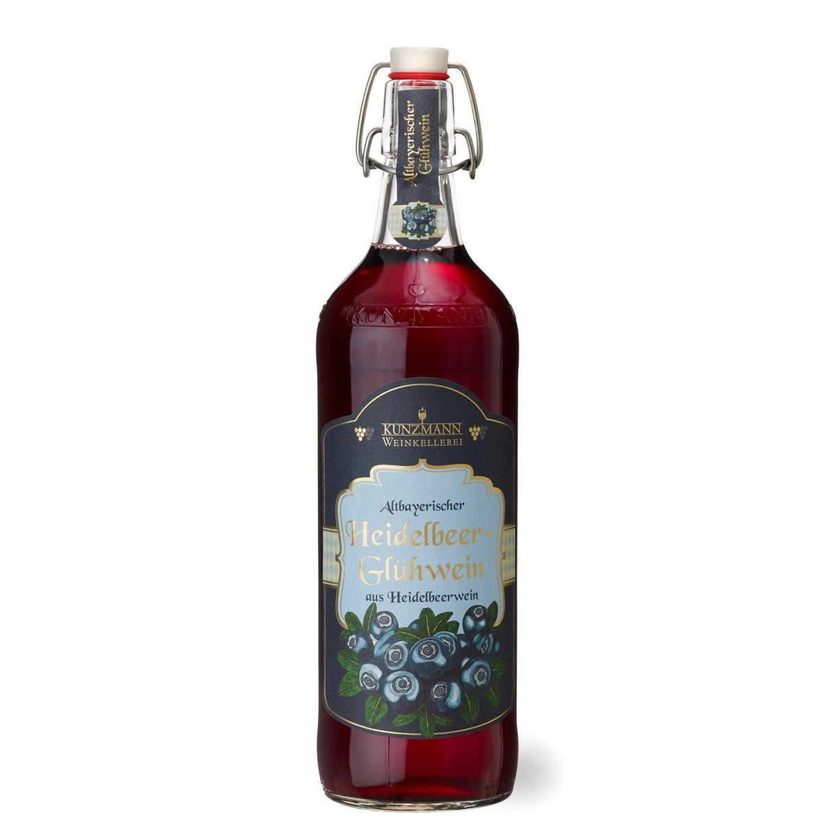 Weihnachtsbox Glühwein: Flasche Heidelbeer-Glühwein mit Etikett und Bügelverschluss, ideal für Winterabende.