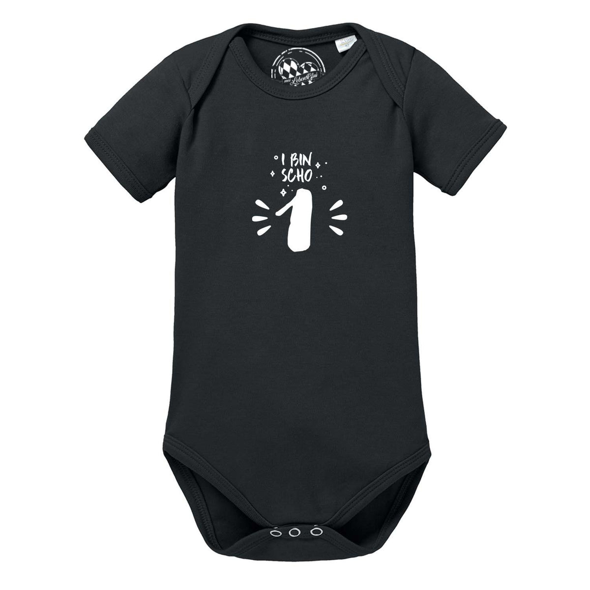 Schwarzer Baby Body I bin scho 1 mit weißem, bayerischem Aufdruck zum ersten Geburtstag, kurzärmlig.