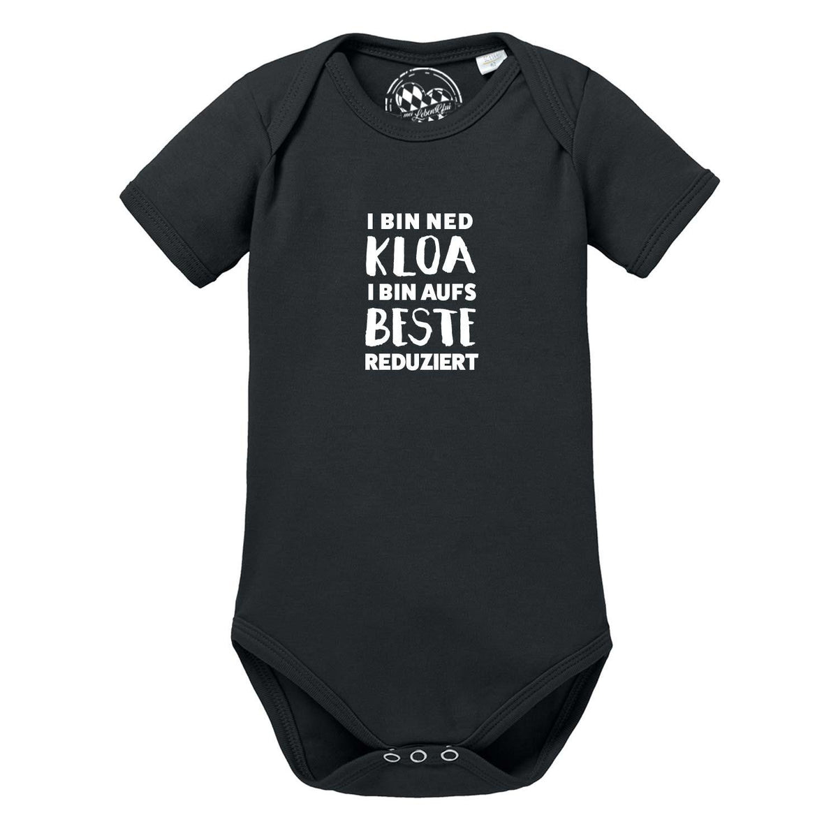 Baby Body "aufs Beste reduziert" in Schwarz mit weißem Spruch. Kurze Ärmel und Druckknöpfe im Schritt.